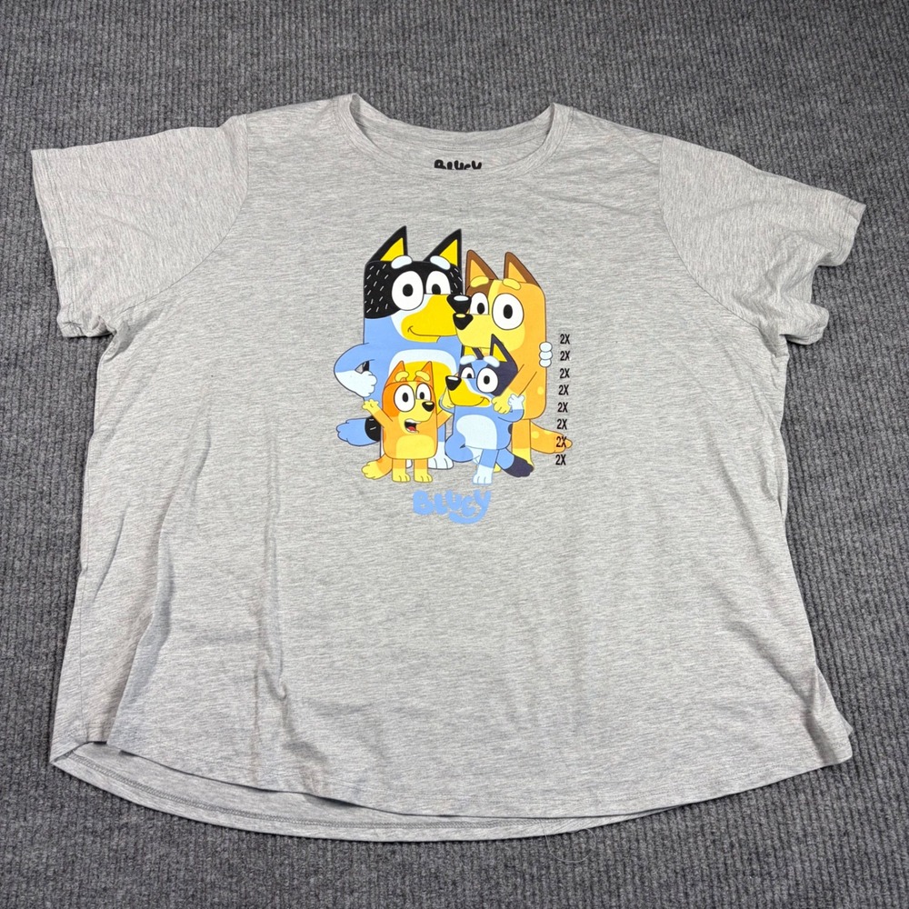 Bluey Family Graphic T-Shirt Womens 2X Gray Short Sleeve Cotton Blend Tee